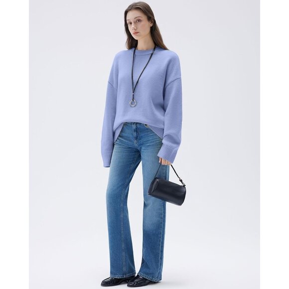 Women Cashmere Blend Oversized Crew Neck Pigeon Blue Soft Warm Pullover Sweater - Picture 5 of 5